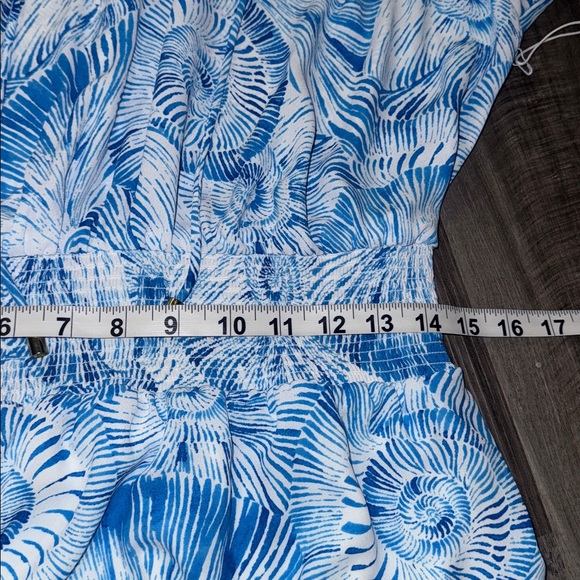 NEW Chico's $149 Chiffon Bell Sleeve Dress 1 blue and white seashells 6 smocked - Picture 7 of 11